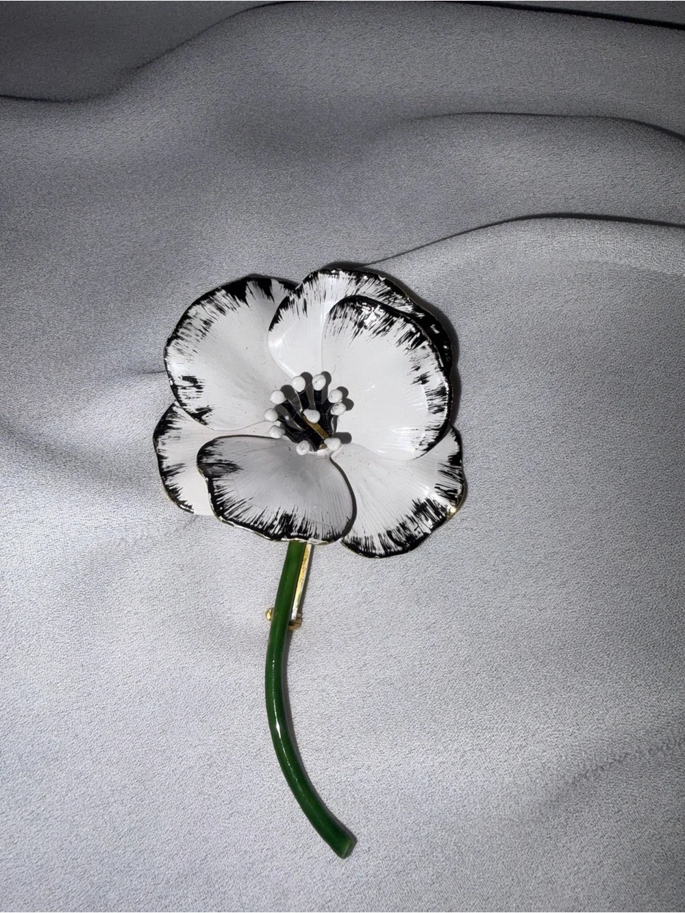 Original by Robert Enamel Flower Brooch White Black Green Stem Vintage Signed